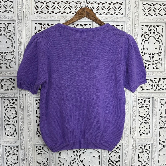 Vintage Recent‎ Works Purple Floral Pastel Short Sleeve Grannycore Sweater - Picture 4 of 8
